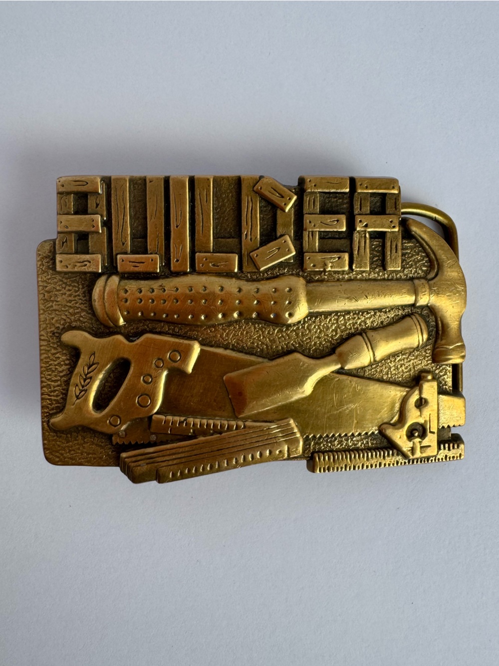 Vintage 1983 Solid Brass Builder Belt Buckle Carpenter Tools Gold Tone Dad Gift